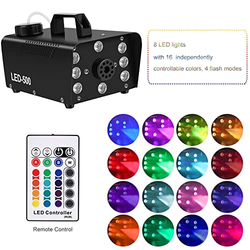 Fog Machine Halloween With Lights - 500W Stage Smoke Machine With 8 Led Lights 16 Colors Effect, Wireless&Wired Remote Control Automatic Fog Machine For Halloween Christmas Wedding Parties Stage #TOP1