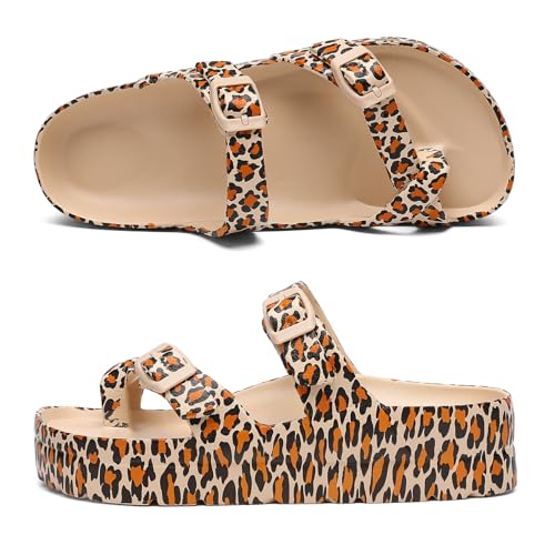 Image of TIKVAW Womens Arch Support Platform Sandals Comfort Slides Thick Soles Flat Sandals With Adjustable Buckle & Ultra Cushion