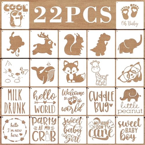 Image of TvwiKo 22 Pack 5 Inch Cute Baby Shower Stencils for Onesie Decorating Kit, Small Animals Template Reusable Mixed Phrase Painting Stencils for Boy Girl Baby Shirt Fabric Stencils for Clothes, White