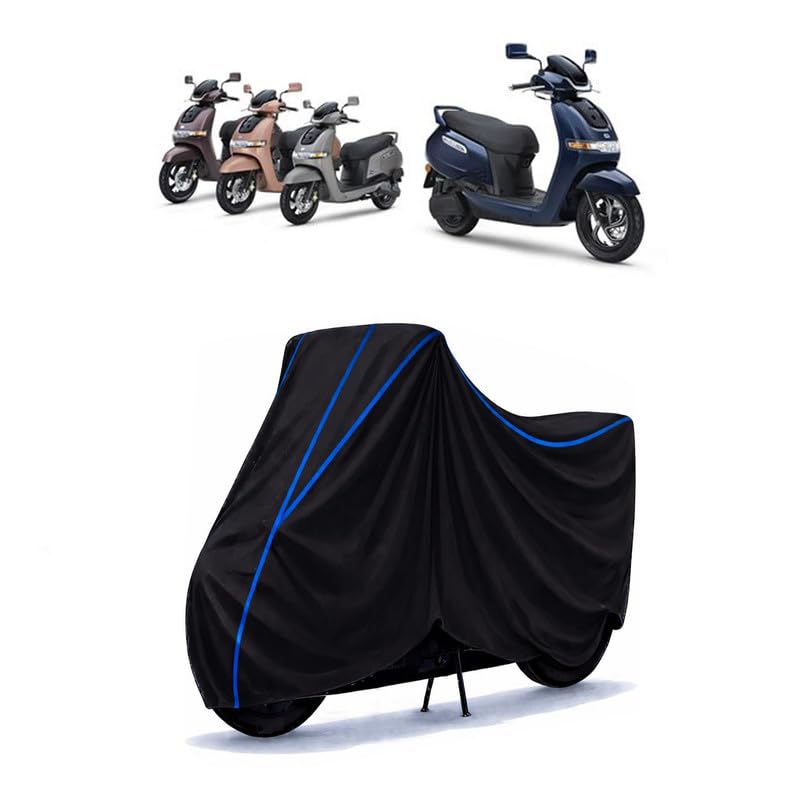 Image of Scooty Cover Water Resistant for iQube Electric | Universal Scooter & Bike Cover | Heavy Duty UV Dust, Rain & Scratch Protection | Elastic Fit All Weather Indoor Outdoor | Black with Blue Piping