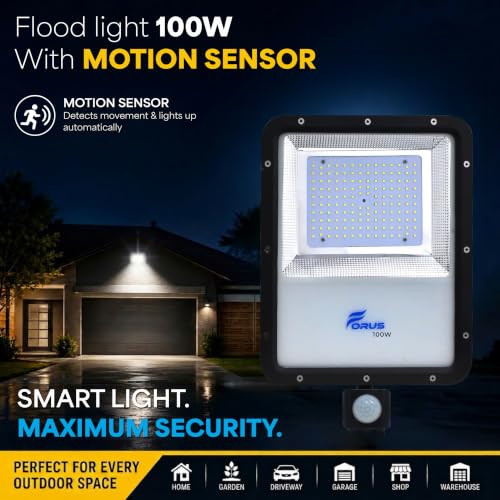 Image of Forus 100W LED Flood Light Daylight White with Motion Sensor Auto On Off Day Night Mode Waterproof Outdoor Security Light for Garden Parking Garage Factory Shop High Bright Floodlight 4Yr Warranty-1Pc
