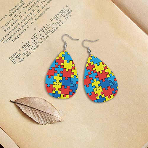 Zthll Leather Teardrop Earrings For Women,Autism Awareness Day Pattern Western Earrings For Girls Gift Drop Lightweight Dangle Earrings #TOP3