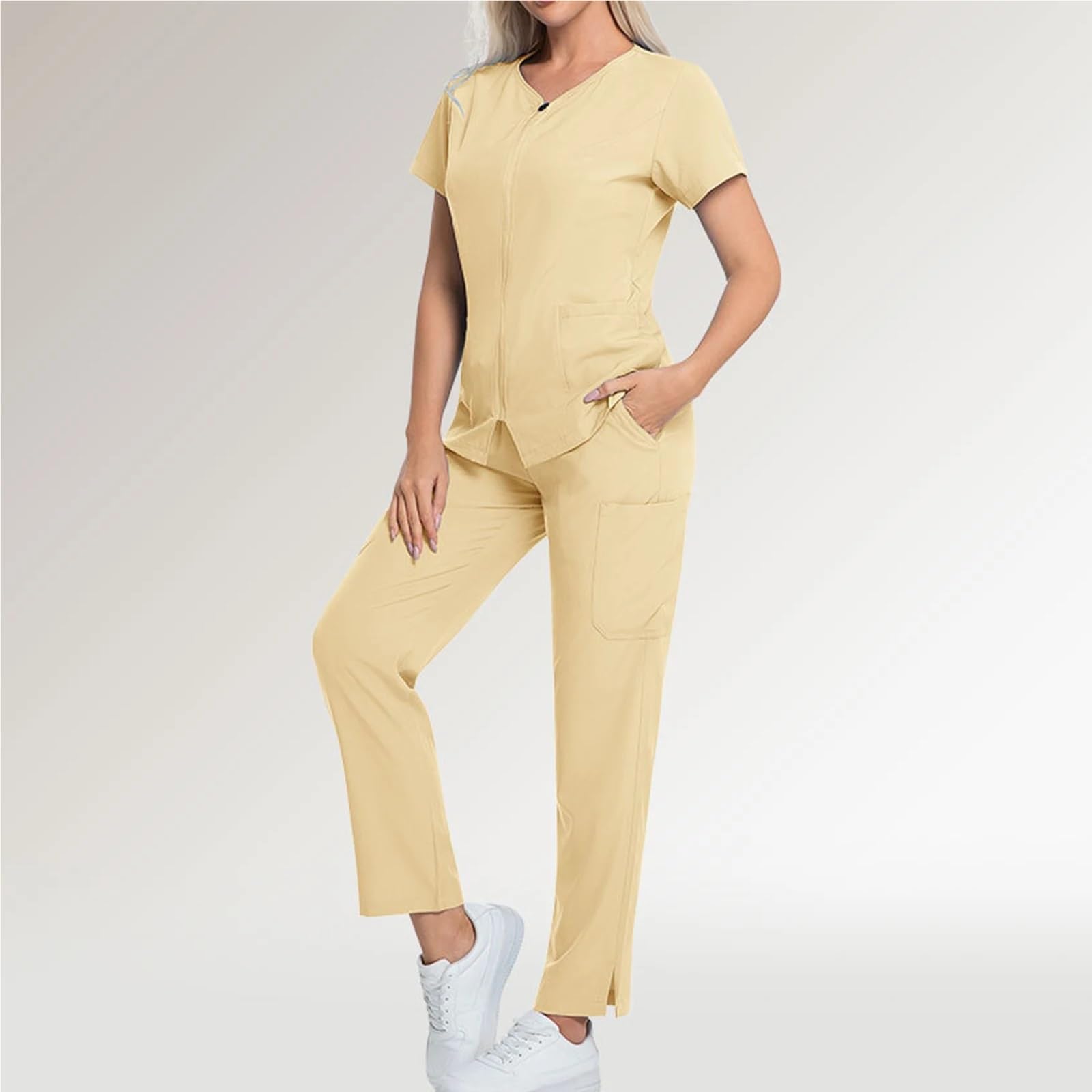 Kasacks Damen Pflege Damen-Krankenschwester-Bekleidungsset, einfarbig, kurze Ärmel, lange Hosen, mehrere Taschen, medizinische Uniform, Arbeitskleidung for das Gesundheitswesen