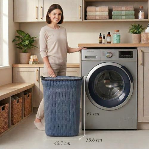 Image of Plastic Laundry Basket with Lid | 60L Extra Large Knit Hamper | Strong & Durable | Ideal for Bathroom, Bedroom & Kids Room | Multipurpose Cloth Storage Organiser | 36 x 46 x 61 cm | Mist Blue