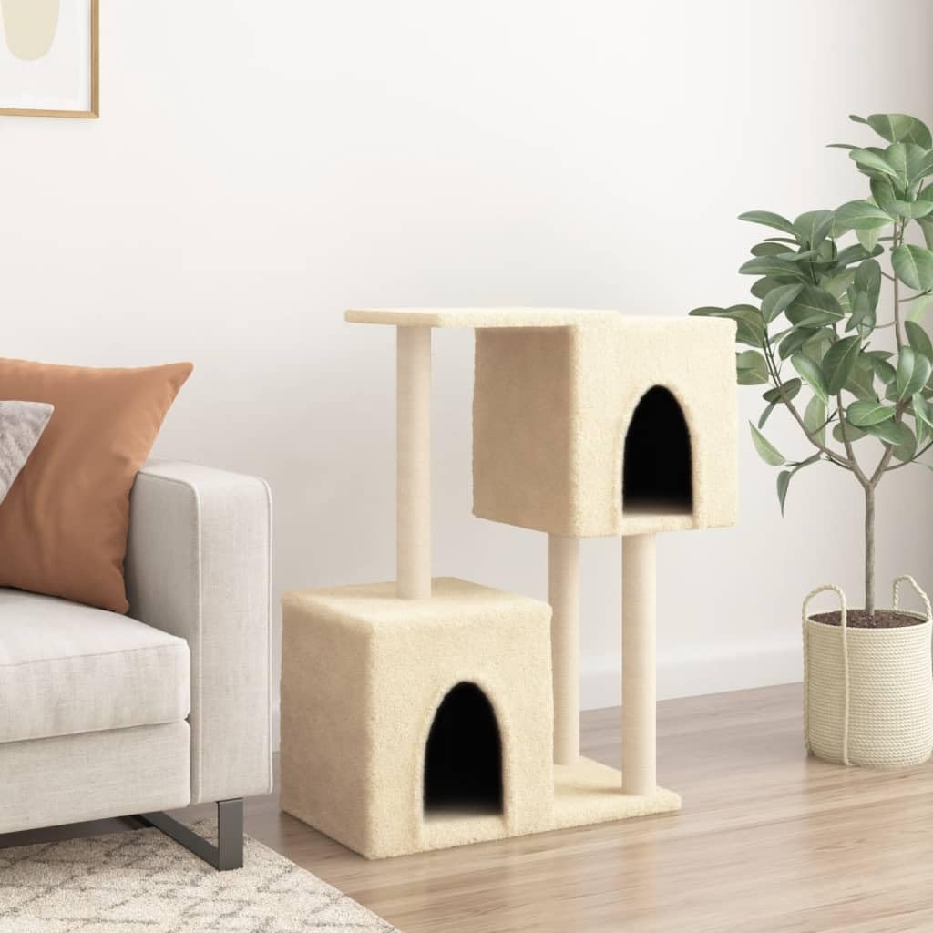 Kratzbaum mit Sisal-Kratzsäulen 86 cm hoch, Katzenbaum mit 2 Katzenhöhlen und Aussichtsplattformen, Stabiler Kletterbaum für Hauskatzen, Katzenmöbel aus Plüsch und Sisal, Creme