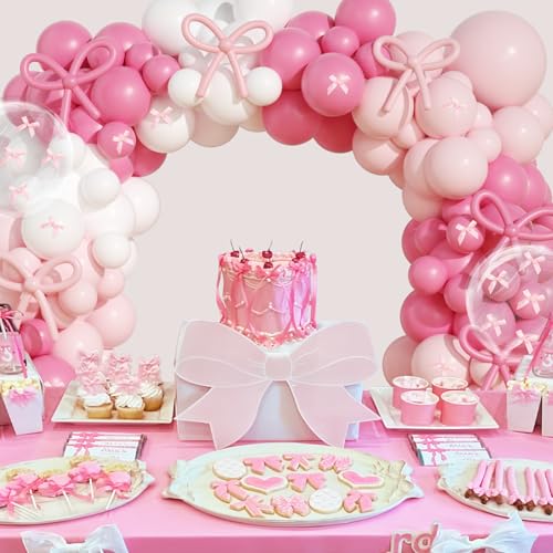 Image of Coquette Birthday Decorations, JOGAMS 199Pcs Pink Bow Balloon Arch Kit with 260 Clear Balloons Pink Ribbon Bow for Coquette Bow Theme Birthday Bachelorette Baby Shower Bridal Shower Wedding Party
