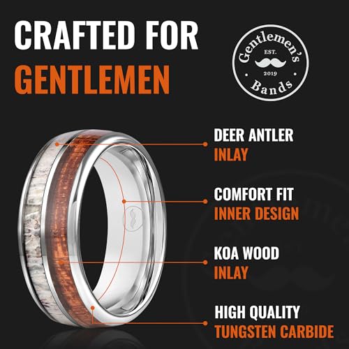 Gentlemen's Bands Silver Tungsten Men's Wedding Band with Koa Wood & Deer Antler Inlay | Premium Tungsten Engagement/Wedding Ring for Men 8mm| Includes Silicone Band, Leather Pouch & Luxury Walnut Box3