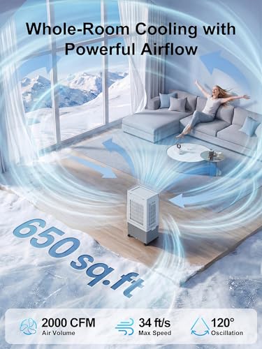 Uthfy 2026 Upgraded 2000CFM Swamp Cooler, Evaporative Air Cooler with 3-Sided Cooling Pad, 6 Gal Detachable Water Tank, 4 Mode, 120° Oscillation,12H Timer, Cooling Fans for Bedroom, Garage
