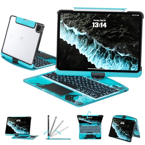 Image of Transparent Case with Keyboard for iPad 9th (7th, 8th, and 9th Gen) 10.2 Inch,with 7-Color Backlit Wireless Keyboard,360Rotatable Protective Case Multi-Touch Trackpad,with Pencil Holder,Blue