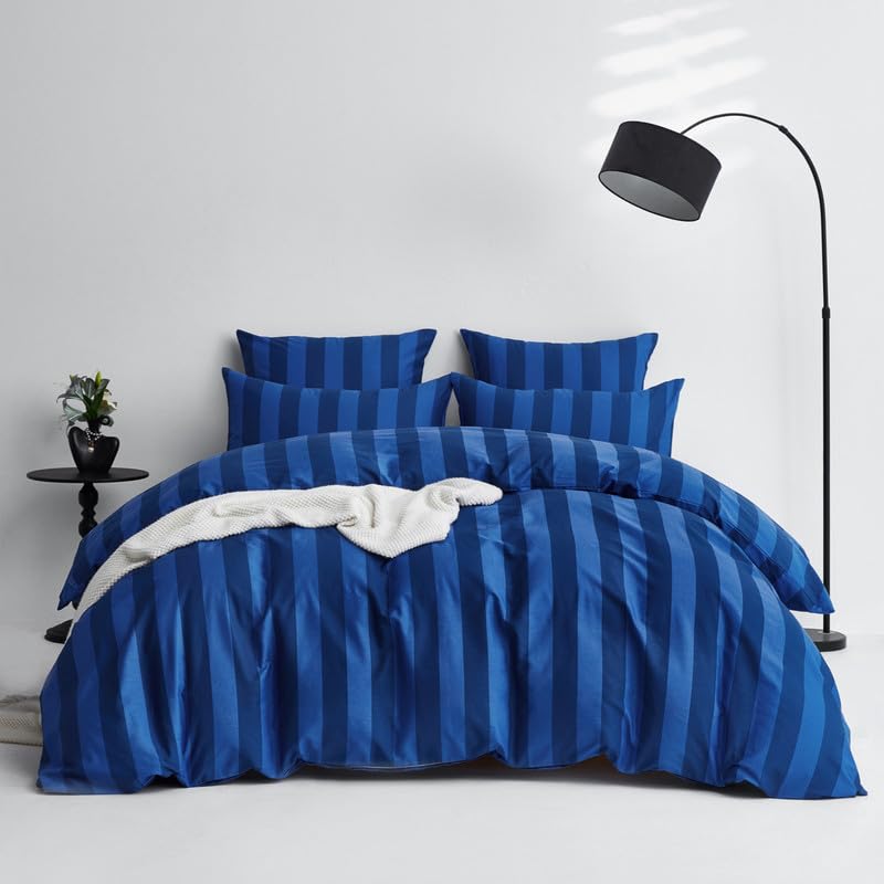 Gezu Bettwäsche 135x200 Baumwolle Gestreift Blau, Renforce Baumwolle Bettwäsche-Sets Atmungsaktiv,Weich, Öko-Tex 100 Zertifiziert,mit Reißverschluss und 1 Kissenbezug 80x80cm-Marineblau
