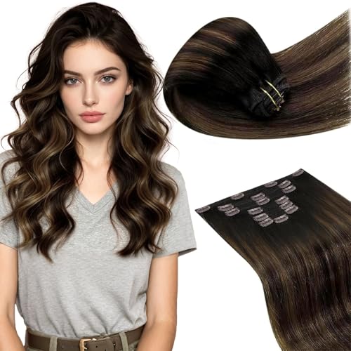 Image of LaaVoo Clip in Hair Extensions Real Human Hair Balayage for Long Hair Soft | Human Hair Clip In Extensions, Darkest Brown Mix Light Brown, 24 Inch 140g 7Pcs, For Women, Easy To Store, Add Volume