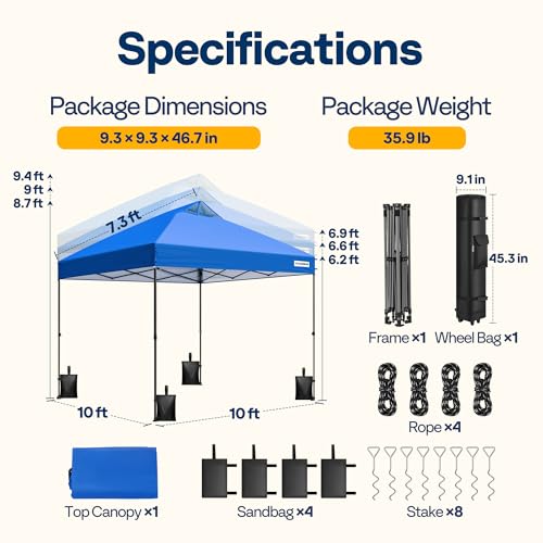 VIVOHOME 10x10ft Pop Up Canopy Tent One Push Setup Outdoor Portable Shelter Tent Heavy Duty with Wheel Carry Bag and 4 Sandbags, Blue by VIVOHOME - Image 7