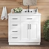 ARIEL Hepburn 36-inch Bathroom Vanity with Sink,Solid Wood, 1.5-inch Pure White Quartz Countertop & Backsplash, Single Rectangular Porcelain Sink, 2 Soft Closing Doors, 5 Dovetail Drawers, White