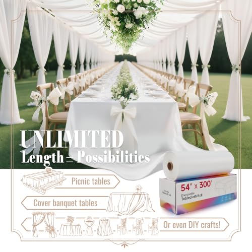 Image of Plastic Table Cloth Disposable, 54In X 300Ft White Table Cover Roll