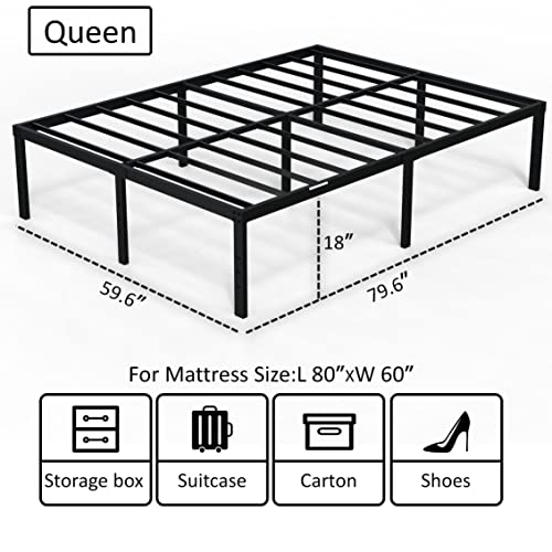 Emoda Queen Bed Frame No Box Spring Needed 18 Inch Heavy Duty Metal Tall Platform Bed Frame Queen Size With Large Storage Space, Easy Assembly, Black #TOP2