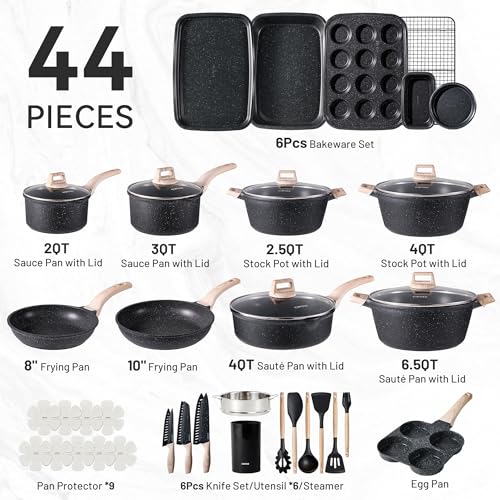 Image of CAROTE 44pcs Pots and Pan Set Nonstick, Cookware Sets, Cooking Set Non Stick, Induction Cook Ware with Bakeware Set, Kitchen Knife Set