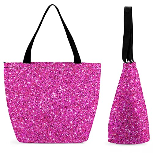 Niapessel Tote Bag Hot Pink Glitter Pattern Beach Travel Reusable Grocery Shopping Aesthetic Portable Storage HandBags Purse with Zipper Large for Women Girls