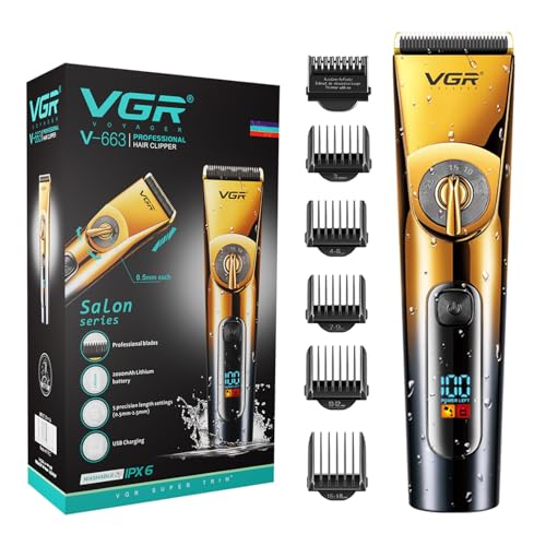VGR V-663 Professional Hair Clipper, IPx6 Fully Waterproof, Salon Trimmer for men, Digital Display, Ceramic & Titanium blades & 5 length settings, 2000mAh Lithium Battery, 200 minutes Runtime(Gold)