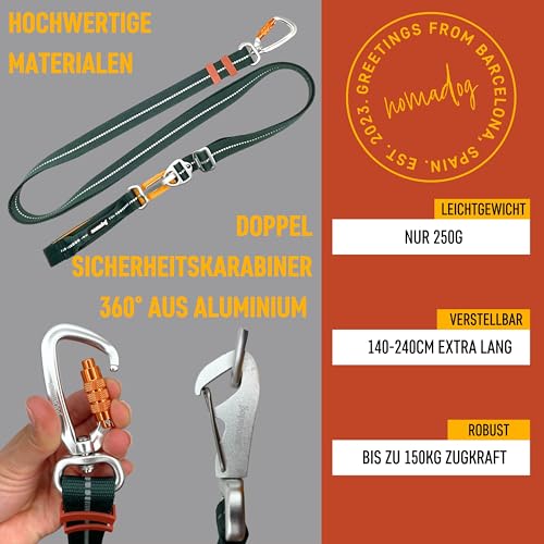 Nomadog Trailblazer Freihandleine Hund 2,4m - Doppelseitig und Stufenlos Verstellbar - Multifunktionale 6-in-1 Hundeleine mit Sicherheitskarabiner aus Aluminium - Perfekt für Jogging und Wandern