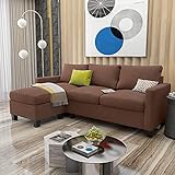 Pawnova Convertible Sectional Sofa Couch L-Shaped Settee with Soft Cushion, Comfortable Backrest and Modern Linen Fabric for Small Space, Living Room, Brown