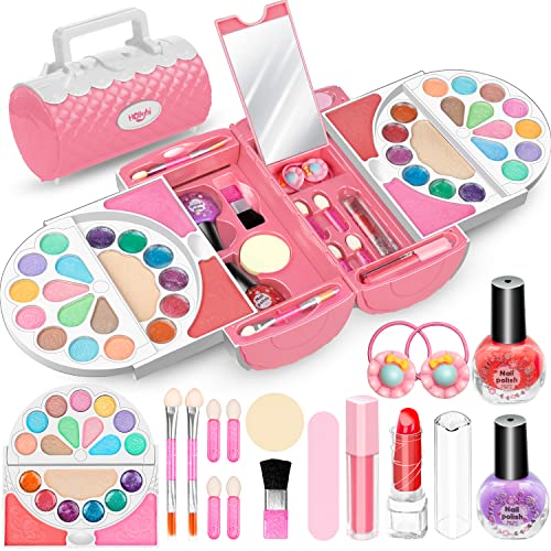 Hollyhi 56Pcs Kids Makeup Kit for Girl, Washable Real Play Makeup Toy Set with Cosmetic Case for Girl Toys, Toddler Make up Toys Birthday Gifts for Kids Age 3 4 5 6 7 8 9 10 11 12 Years Old (Pink)