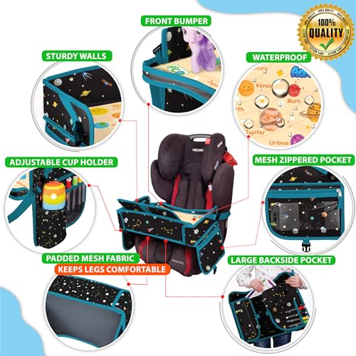 Image of Car Seat Tray for Toddler - Waterproof Carseat Table Top - Kids Travel Tray - Travel and Road Trip Essentials Kids - Lap Desk with Storage -Baby Airplane Travel Accessories (Black)