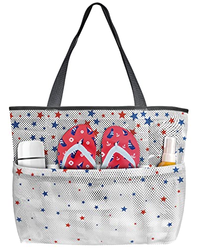 4th of July Beach Tote Bag for Women, Falling Blue Red American Flag Mesh Beach Bags Waterproof Sandproof, Outdoor Picnic Swim Pool Handbag - Large Beach Bag with Zipper and Pockets