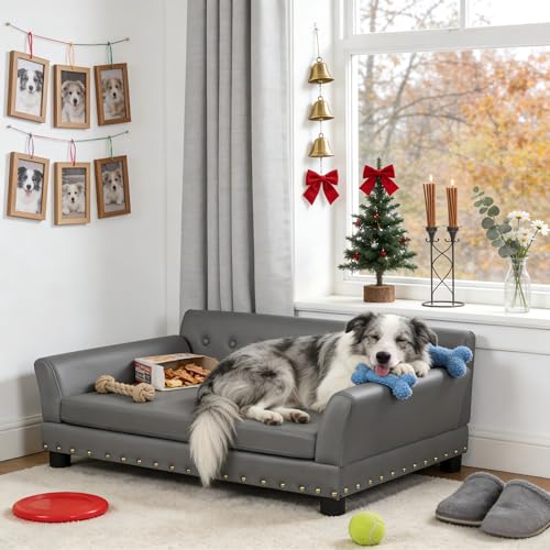 BingoPaw Large Leather Dog Sofa Bed: Pet Couch Orthopedic Made by Scratching Resistant Microfiber Leather - Doggy Heavy Duty Raised Daybed with Thicken Foam for Pets up to 80lbs