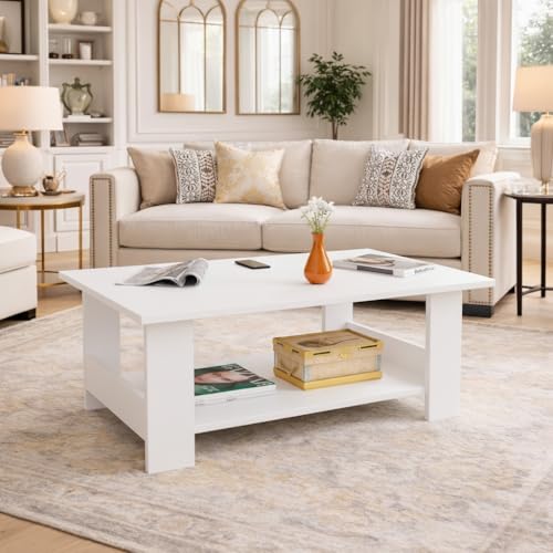 Image of Spyder Craft Modern Coffee Table with Open Storage Shelf - Minimalist Rectangular Center Table for Living Room, Office, and Lounge - Durable Engineered Wood, Easy Assembly (White) (Assembly -DIY)