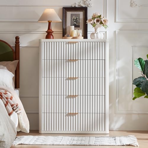Image of LEYAOYAO Fluted 5 Drawers Dresser Set of 2, 41 inch Tall Modern Chest of Drawers with Metal Handle, Curved Profile Dresser TV Stand, Wooden Drawer Organizer for Bedroom, Living Room, Hallway,Antique White