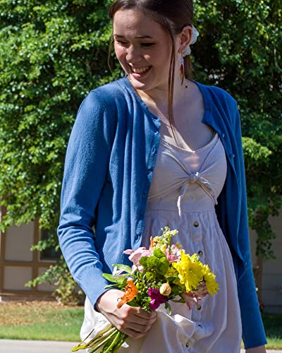 Newshows Women's 2023 Lightweight Button Down Long Sleeve Fall Fashion Crew Neck Soft Knit Cardigan Sweater Tops(Gray Blue 02,Large) #TOP2