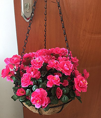 Lopkey Outdoor Artificial Red Azalea Bush Flower Patio Lawn Garden Hanging Basket With Chain Flowerpot,Rose Red #TOP1