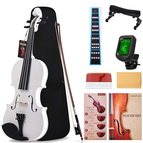 MeloCrest 4/4 Solid Wood Violin – Colorful Finish, Ebony Fittings, Student Full-Size Violin Starter Kit with Tuner, Shoulder Rest & Extra Strings (White)
