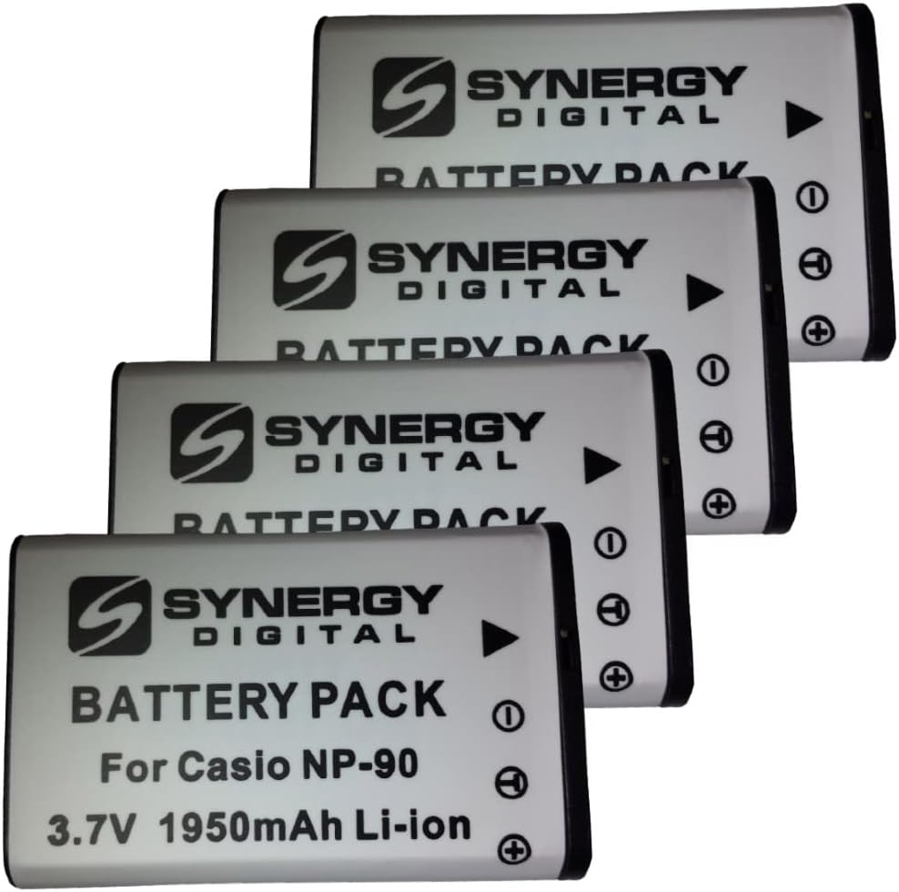 Synergy Digital Digital Camera Batteries, Compatible with Casio NP-90, NP-90DBA, NP90 Digital Camera Batteries (li-ion, 3.7V, 1950 mAh), Set of 4