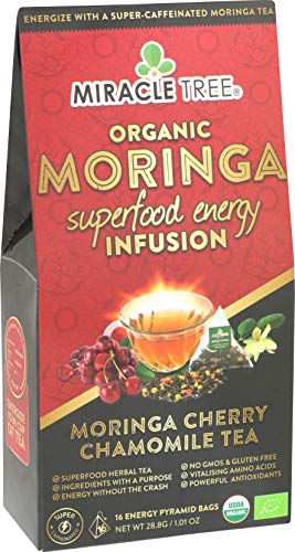 Miracle Tree's Moringa Energy Tea - Cherry Chamomile Tea | Super Caffeinated Blend | Healthy Coffee Alternative, Perfect for Focus | Organic Certified & Non-GMO | 16 Pyramid Sachets - Thumbnail 3