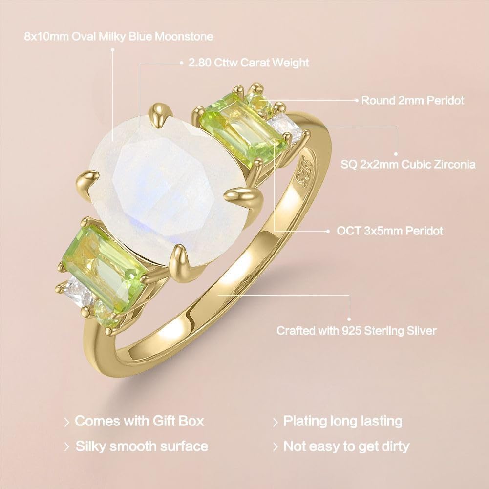 Kemstone 925 Sterling Silver Moss Agate Ring for Women – Gold-Plated Vintage Statement Ring with Peridot & Cubic Zirconia, Natural Gemstone Jewelry Gift, Size 5-10