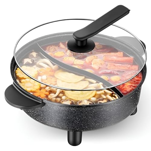 Electric Hot Pot, 5L Home Maifan Stone Non-Stick Electric Wok & Cooker, Twin-Compartment Hot Pot for 3-4 People, 5 Temperature Settings, for Hot Pot, Fondue, and Shabu-Shabu, Easy to Clean, Black