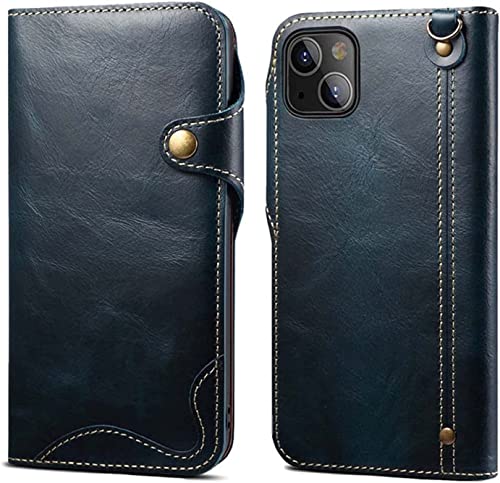 Étui en cuir de vache iPhone 14 bleu : la protection rétro et élégante à rabat
