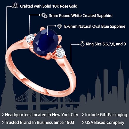 10K Rose Gold Gemstone Birthstone & White Created Sapphire 3-Stone Engagement Ring | Oval 8X6MM Center with Round 2.5MM Accents | Three Stone Wedding Anniversary Promise Ring For Women | Sizes 5-92