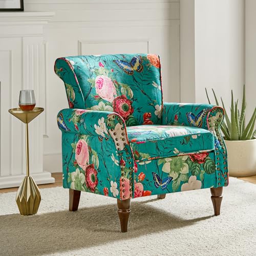 Consejos y comparativas para Comprar Cojin para sillon de madera que puedes comprar esta semana. 37 TINA'S HOME - Silla decorativa moderna con patas de madera y adornos de cabeza de uñas, sofá de tela con patrón floral para sala de estar, recámara, cómodo sillón tapizado...