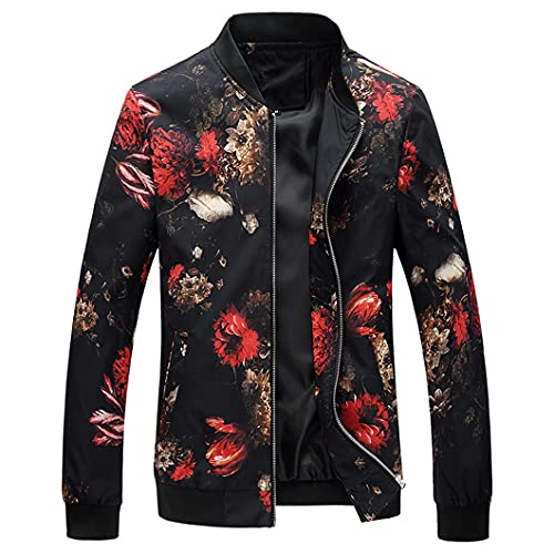 Men Floral Printed Fashion Slim Fit Jacket Autumn Bomber Jacket Windbreaker Coat as Photo 5XL