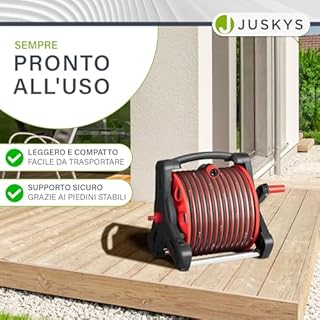 Carrello per tubo Juskys con tubo da 30 m e doccetta multifunzione - Avvolgitubo mobile con supporto da parete, ugello — Rosso Grigio