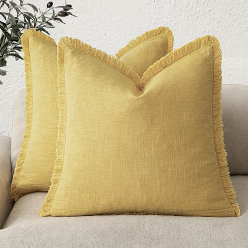Image of Foindtower Set of 2 Decorative Linen Fringe Throw Pillow Covers Cozy Boho Farmhouse Cushion Cover with Tassels Soft Accent Pillowcase for Couch Sofa Bed Living Room Home Decor,18x18 Inch,Ginger Yellow