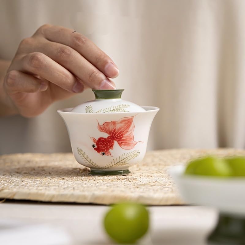Matcha Tassen Deckende Teetasse mit handbemaltem Koi-Motiv 120ml Teeset für Wohnzimmer, Teeschale Teeset Mit Teesieb