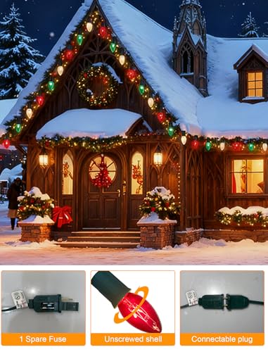 Image of C9 Red White and Green Christmas Lights Outdoor, 25FT Vintage Christmas Tree Light with 26 C9 Clear Multicolor Bulbs, Hanging Outdoor Christmas Lights for Holiday Roofline Patio Garden Party Decor