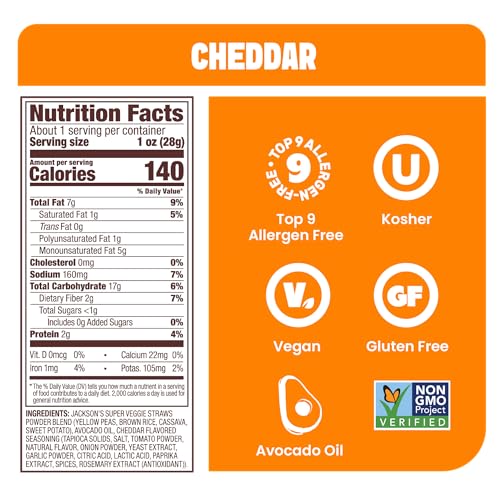 Jackson's Super Veggie Straws, Cheddar, Avocado Oil (1oz, Pack of 18) - image 2