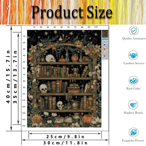Image of Bookshelf Stamped Cross Stitch Kits for Adults - Book Embroidery Kits for Beginners Adults,11 CT Patterns Dimensions Counted Cross Stitch Kits for Adults Arts Craft 12x16 inch