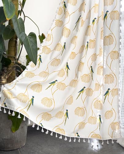 Image of Tranquebar Curtain Co. Cotton Curtains 7 Feet Long, 60-65% Room Darkening, Blue Bird Print, Door Curtain, Boho Curtains For Living Room With Tassel Lace, BackTab Loops, Design Mithu (213 cm) - 1 Piece