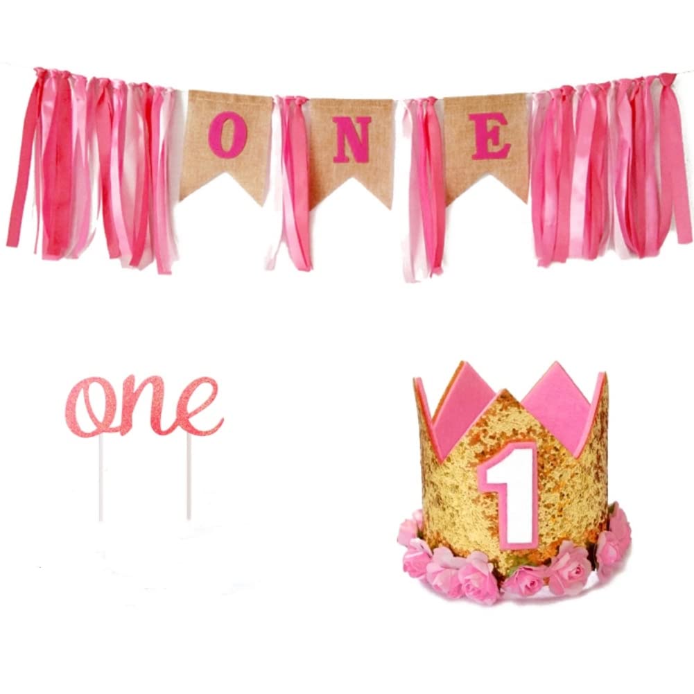 SS Cohen 1st Birthday Girl Decorations Kit - Burlap Highchair Banner, Cake Topper, Pink Gold Crown