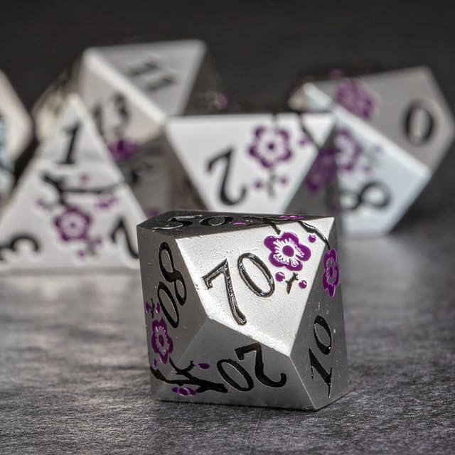 Sage's Portal Petrified Flowers Metal DND Dice 7 Piece Polyhedral Dice Set for DND TTRPG Dungeons and Dragons Pathfinder (Silver/Purple)